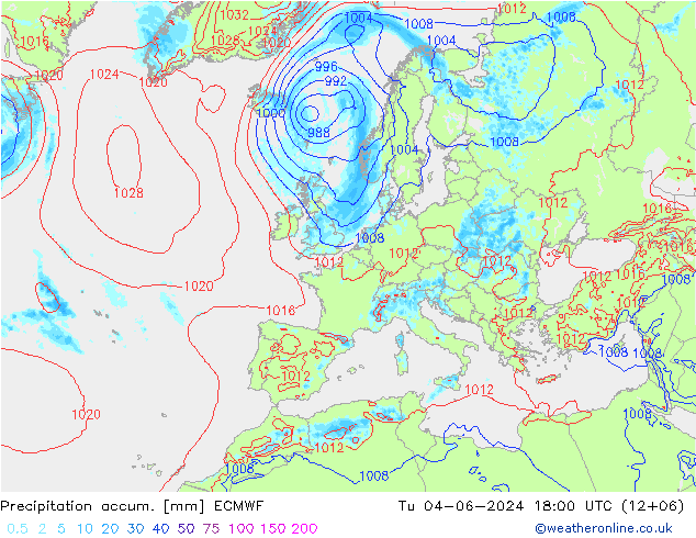 Precipitation accum. ECMWF вт 04.06.2024 18 UTC