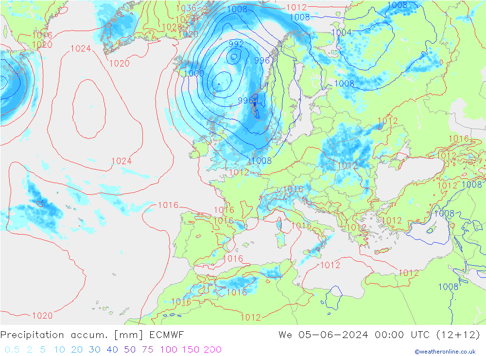 Precipitation accum. ECMWF śro. 05.06.2024 00 UTC