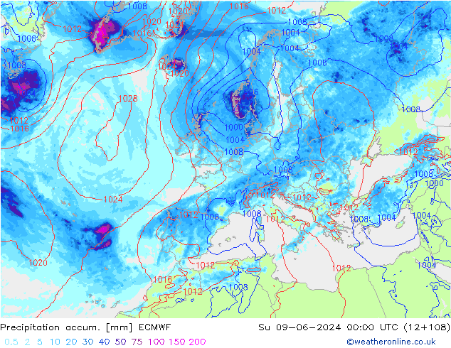 Precipitation accum. ECMWF Su 09.06.2024 00 UTC