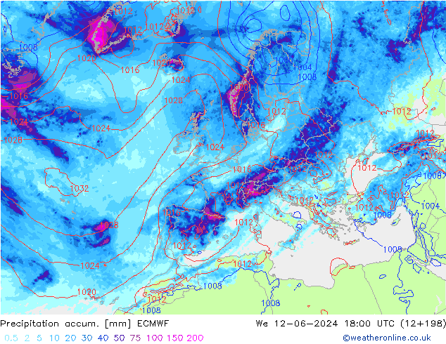 Precipitation accum. ECMWF We 12.06.2024 18 UTC