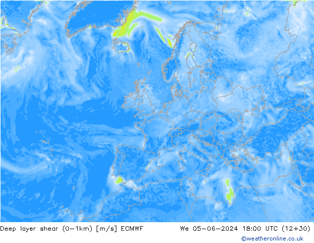 Deep layer shear (0-1km) ECMWF mié 05.06.2024 18 UTC