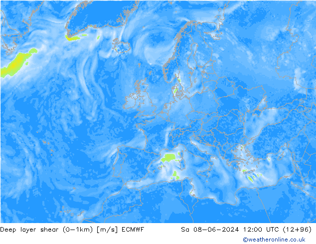 Deep layer shear (0-1km) ECMWF sam 08.06.2024 12 UTC