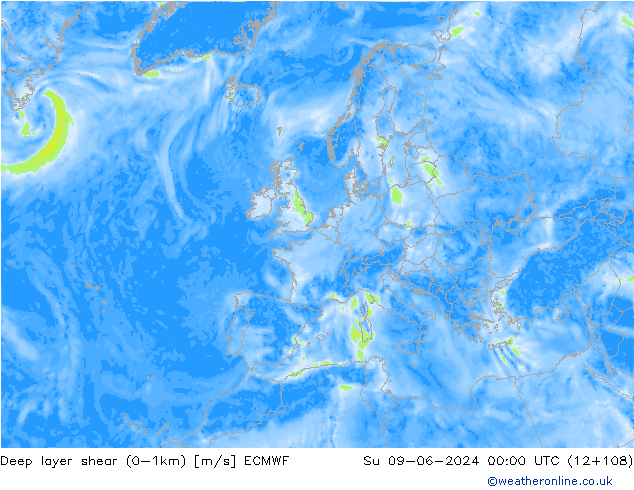 Deep layer shear (0-1km) ECMWF Вс 09.06.2024 00 UTC