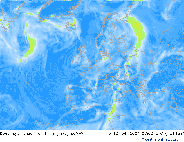 Deep layer shear (0-1km) ECMWF ma 10.06.2024 06 UTC