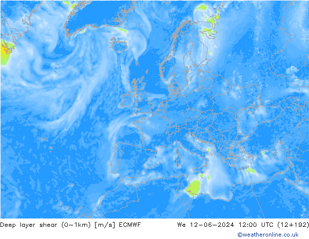 Deep layer shear (0-1km) ECMWF śro. 12.06.2024 12 UTC