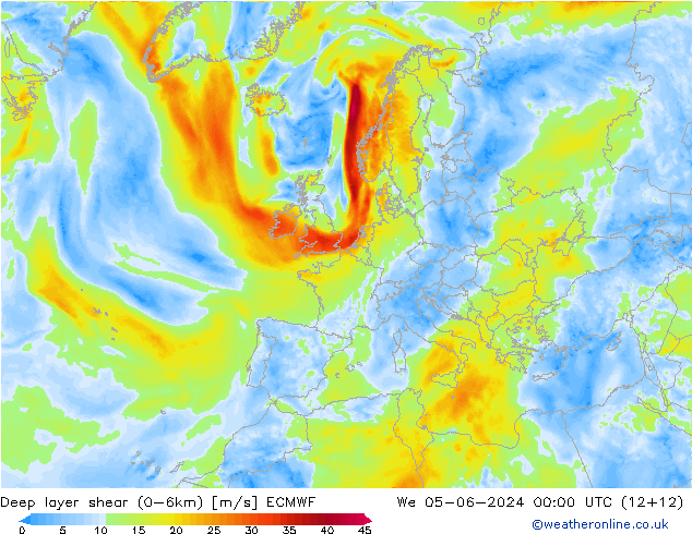 Deep layer shear (0-6km) ECMWF Mi 05.06.2024 00 UTC