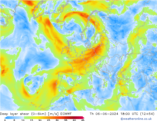 Deep layer shear (0-6km) ECMWF Do 06.06.2024 18 UTC