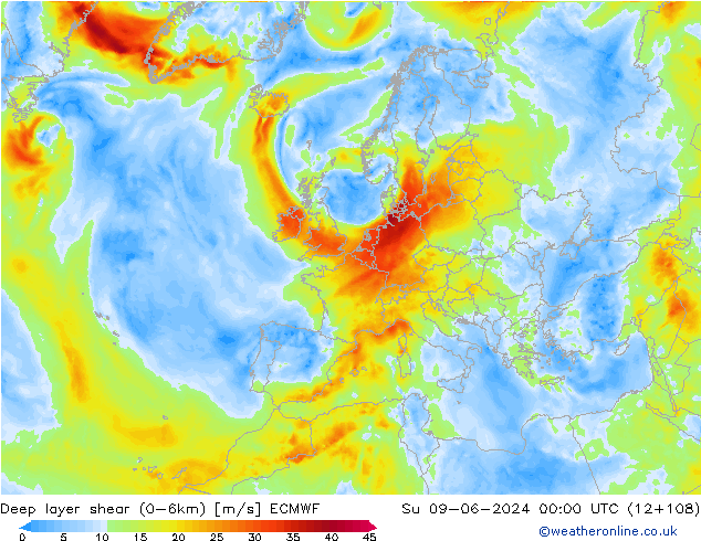 Deep layer shear (0-6km) ECMWF Su 09.06.2024 00 UTC