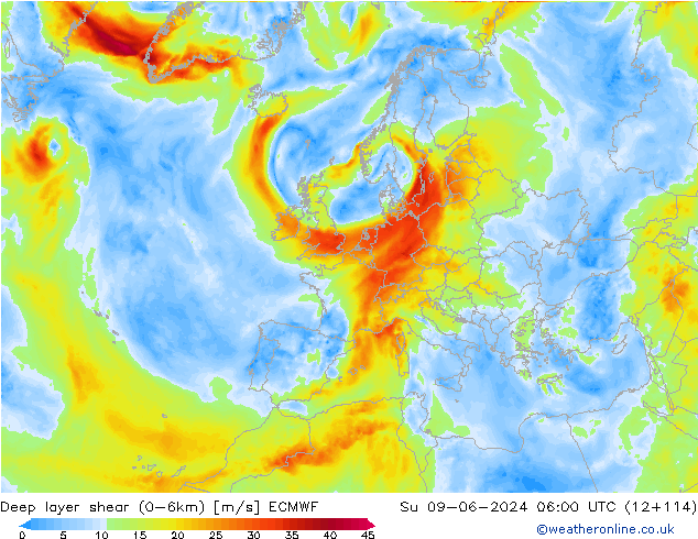 Deep layer shear (0-6km) ECMWF So 09.06.2024 06 UTC