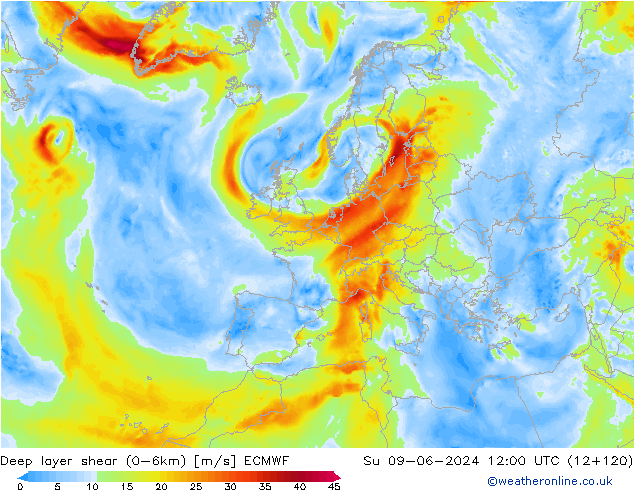 Deep layer shear (0-6km) ECMWF Paz 09.06.2024 12 UTC