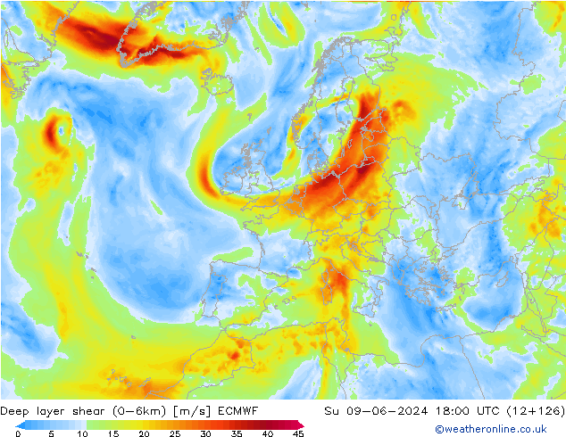 Deep layer shear (0-6km) ECMWF Ne 09.06.2024 18 UTC