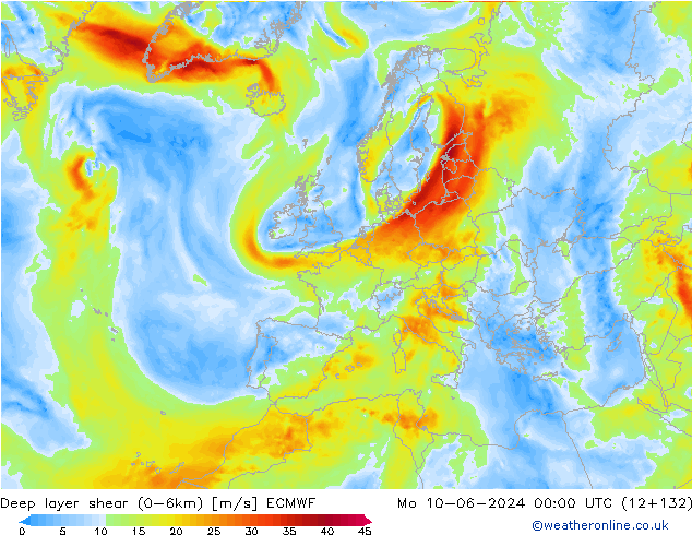 Deep layer shear (0-6km) ECMWF  10.06.2024 00 UTC