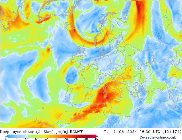 Deep layer shear (0-6km) ECMWF  11.06.2024 18 UTC