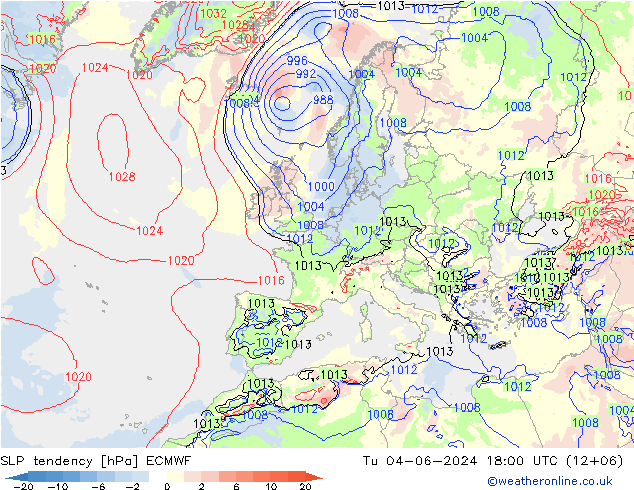 SLP tendency ECMWF Tu 04.06.2024 18 UTC