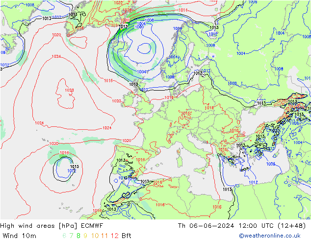 High wind areas ECMWF Th 06.06.2024 12 UTC