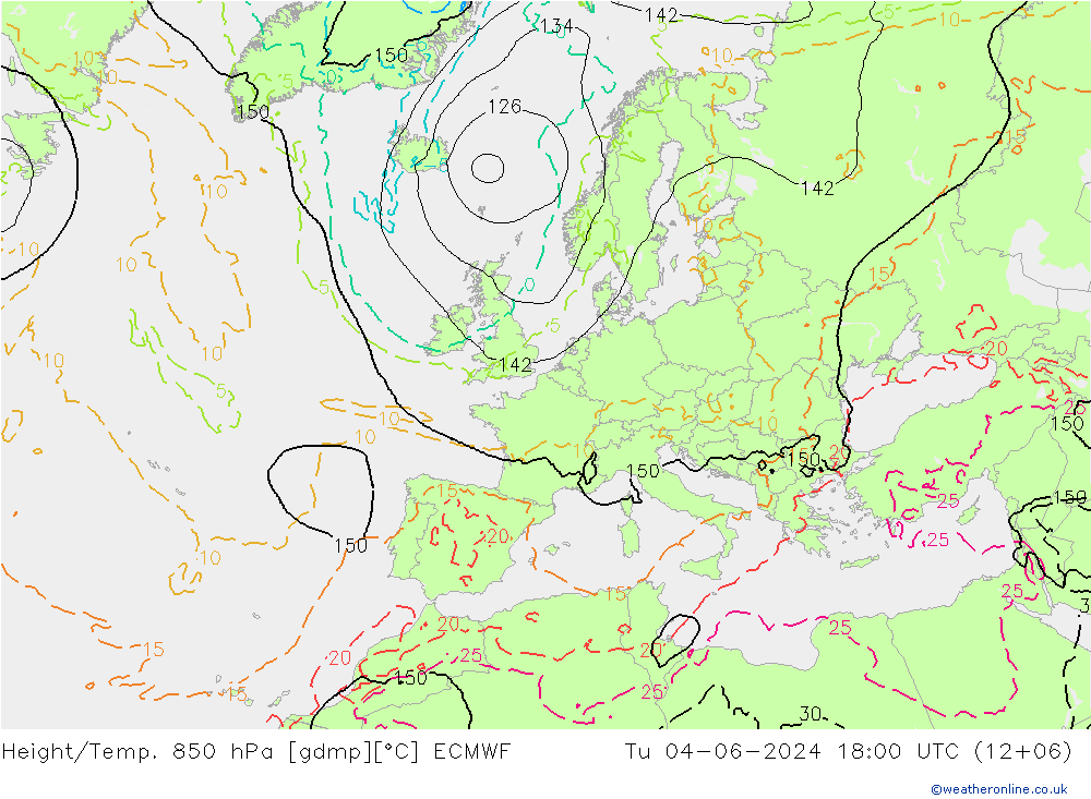Height/Temp. 850 гПа ECMWF вт 04.06.2024 18 UTC