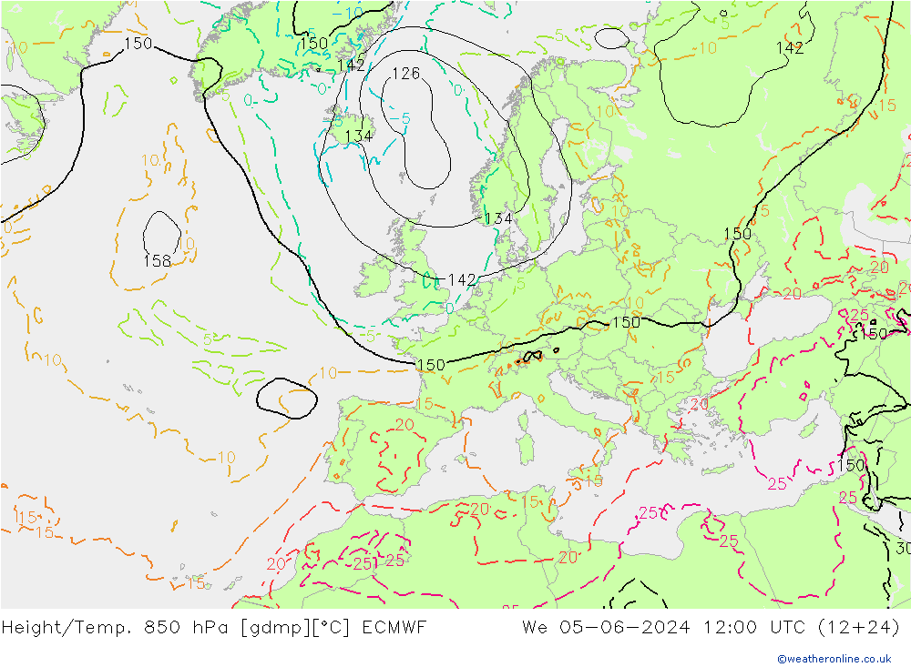 Height/Temp. 850 hPa ECMWF śro. 05.06.2024 12 UTC