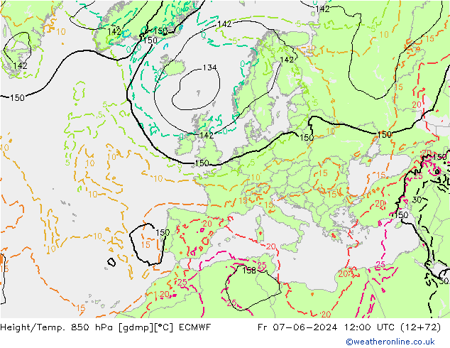 Height/Temp. 850 гПа ECMWF пт 07.06.2024 12 UTC