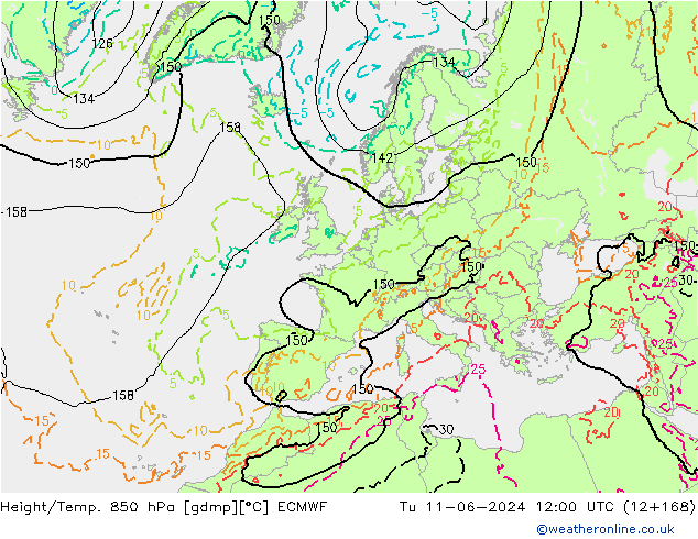 Height/Temp. 850 гПа ECMWF вт 11.06.2024 12 UTC