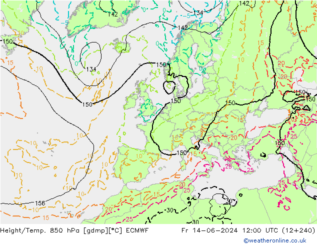 Hoogte/Temp. 850 hPa ECMWF vr 14.06.2024 12 UTC