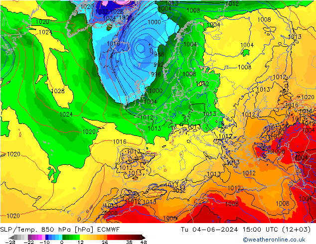 SLP/Temp. 850 hPa ECMWF Di 04.06.2024 15 UTC