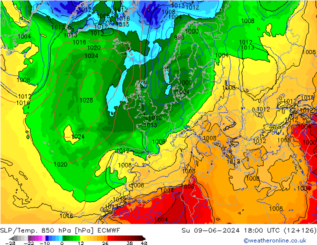 SLP/Temp. 850 hPa ECMWF Su 09.06.2024 18 UTC