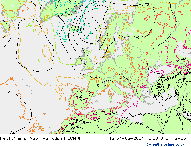 Height/Temp. 925 hPa ECMWF Tu 04.06.2024 15 UTC