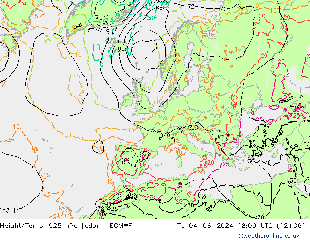 Height/Temp. 925 hPa ECMWF Út 04.06.2024 18 UTC