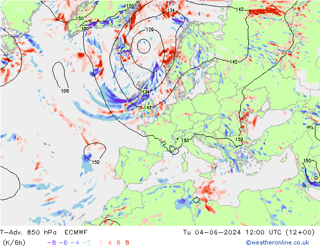 T-Adv. 850 hPa ECMWF Út 04.06.2024 12 UTC