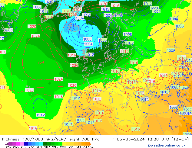 Schichtdicke 700-1000 hPa ECMWF Do 06.06.2024 18 UTC