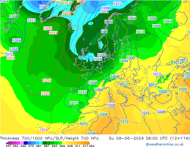 Dikte700-1000 hPa ECMWF zo 09.06.2024 06 UTC