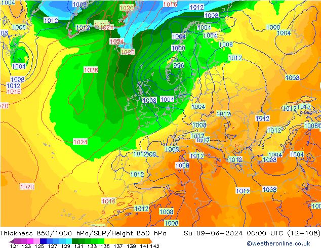 Schichtdicke 850-1000 hPa ECMWF So 09.06.2024 00 UTC