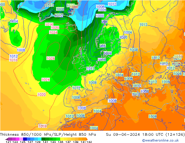 Schichtdicke 850-1000 hPa ECMWF So 09.06.2024 18 UTC