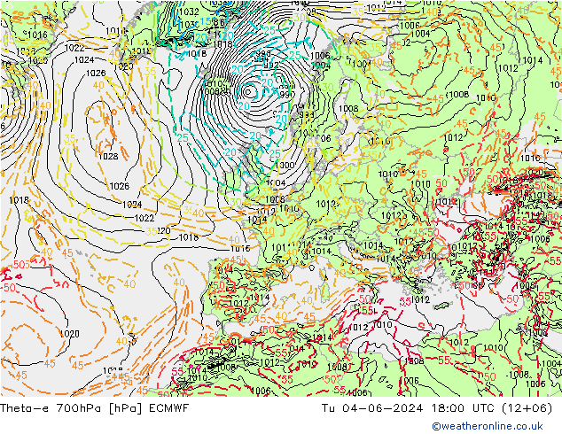 Theta-e 700hPa ECMWF Tu 04.06.2024 18 UTC