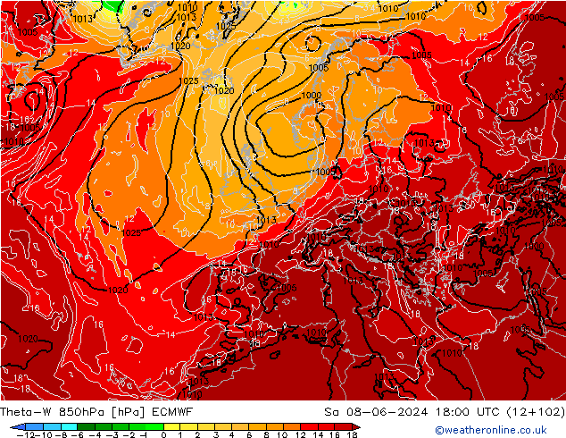 Theta-W 850hPa ECMWF za 08.06.2024 18 UTC