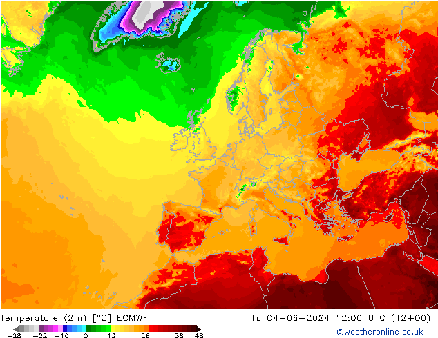 Temperature (2m) ECMWF Út 04.06.2024 12 UTC