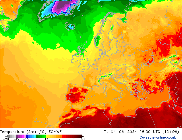 Temperaturkarte (2m) ECMWF Di 04.06.2024 18 UTC