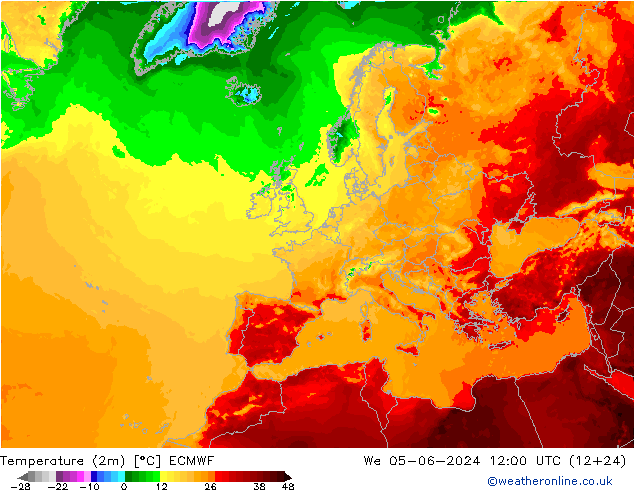 mapa temperatury (2m) ECMWF śro. 05.06.2024 12 UTC