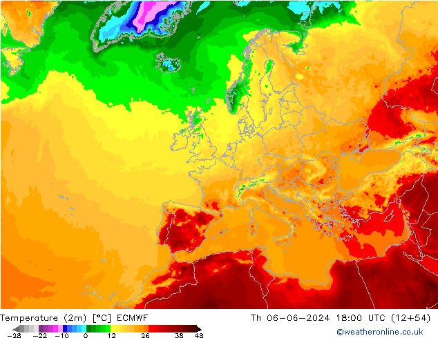 Sıcaklık Haritası (2m) ECMWF Per 06.06.2024 18 UTC