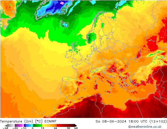 Temperatura (2m) ECMWF sáb 08.06.2024 18 UTC