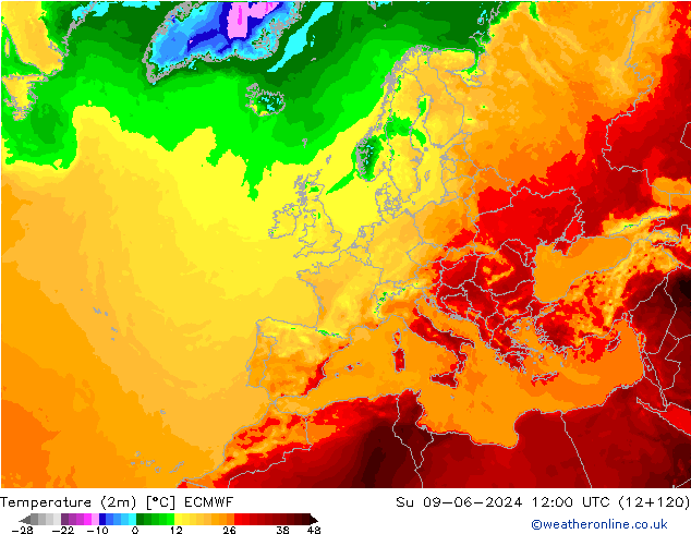 Temperaturkarte (2m) ECMWF So 09.06.2024 12 UTC