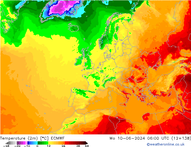 mapa temperatury (2m) ECMWF pon. 10.06.2024 06 UTC