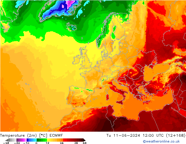 Temperaturkarte (2m) ECMWF Di 11.06.2024 12 UTC