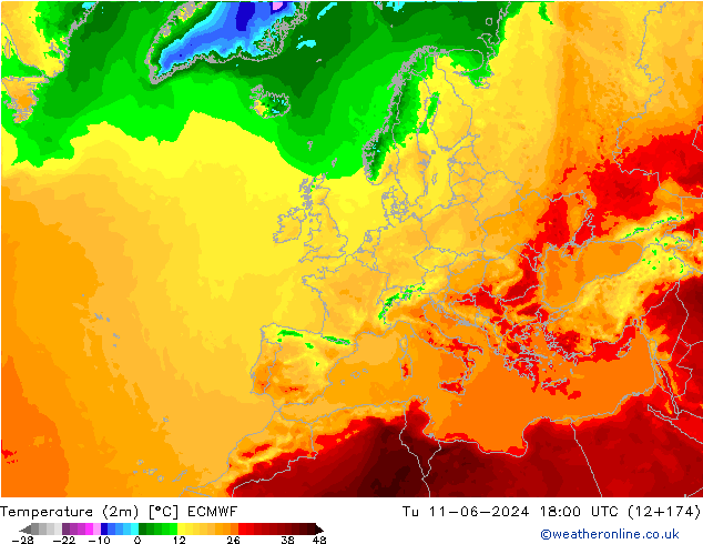 Temperatura (2m) ECMWF mar 11.06.2024 18 UTC