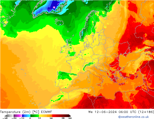 Temperaturkarte (2m) ECMWF Mi 12.06.2024 06 UTC