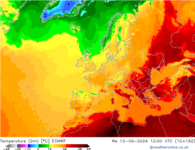 Temperaturkarte (2m) ECMWF Mi 12.06.2024 12 UTC