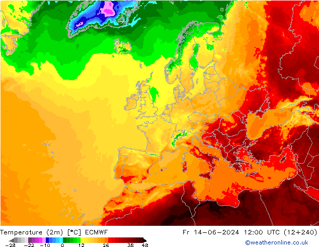 Temperatura (2m) ECMWF Sex 14.06.2024 12 UTC