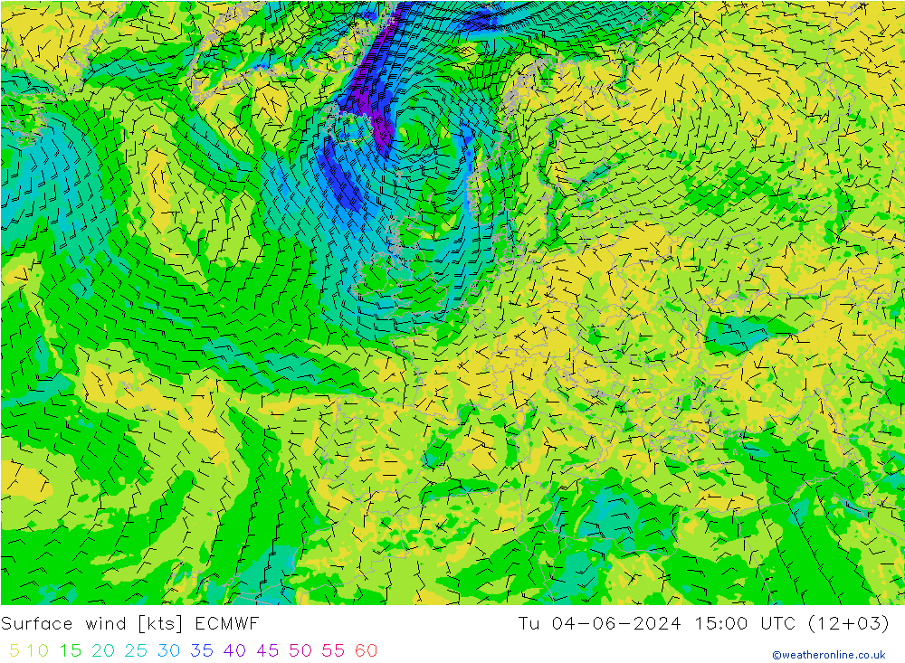 Surface wind ECMWF Tu 04.06.2024 15 UTC