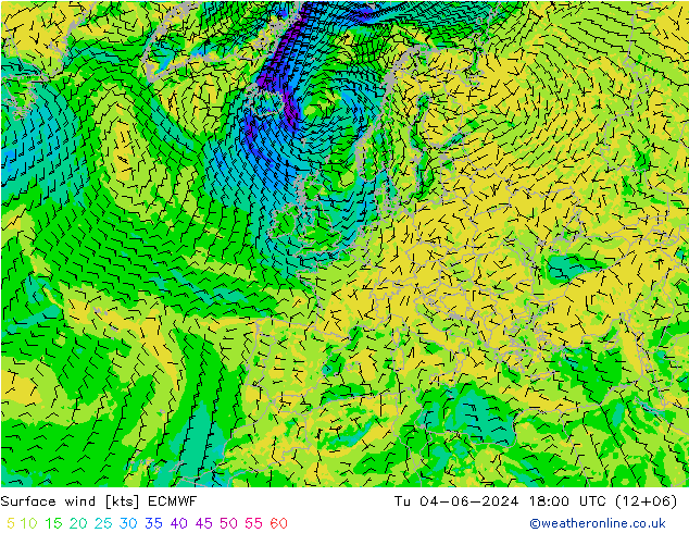 wiatr 10 m ECMWF wto. 04.06.2024 18 UTC