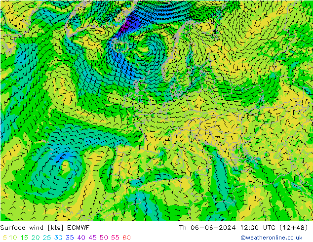 Vento 10 m ECMWF Qui 06.06.2024 12 UTC